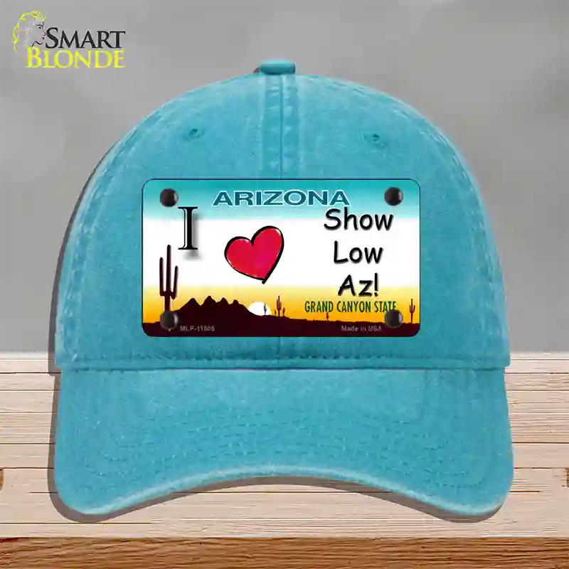 I Love Show Low AZ Novelty License Plate Hat Unconstructed Cotton / Lake Blue