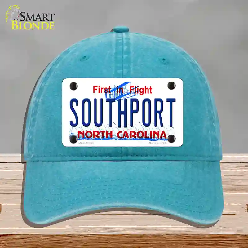 Southport North Carolina Novelty License Plate Hat Unconstructed Cotton / Lake Blue