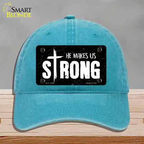 He Makes Us Strong Novelty License Plate Hat Unconstructed Cotton / Lake Blue