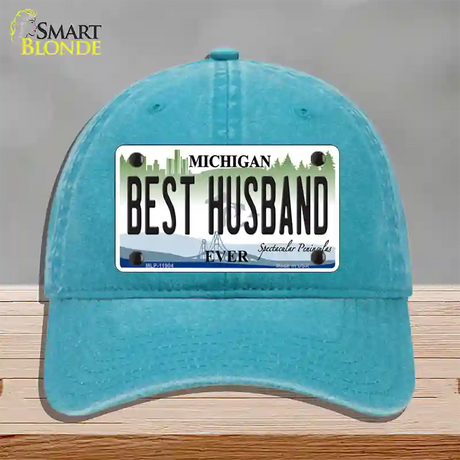 Michigan Best Husband Novelty License Plate Hat Unconstructed Cotton / Lake Blue