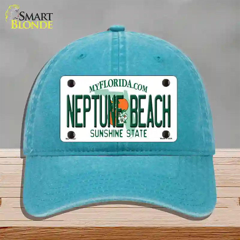 Florida Neptune Beach Novelty License Plate Hat Unconstructed Cotton / Lake Blue