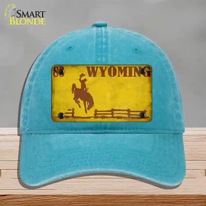 Wyoming Yellow Rusty Novelty License Plate Hat Unconstructed Cotton / Lake Blue