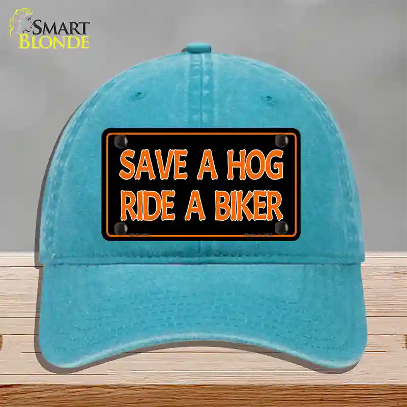 Save A Hog Ride A Biker Novelty License Plate Hat Unconstructed Cotton / Lake Blue