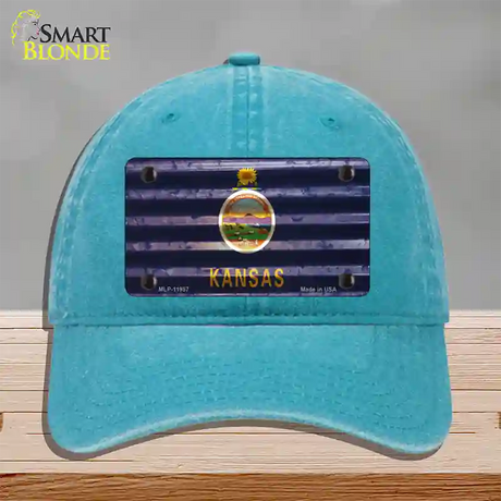 Kansas Corrugated Flag Novelty License Plate Hat Unconstructed Cotton / Lake Blue