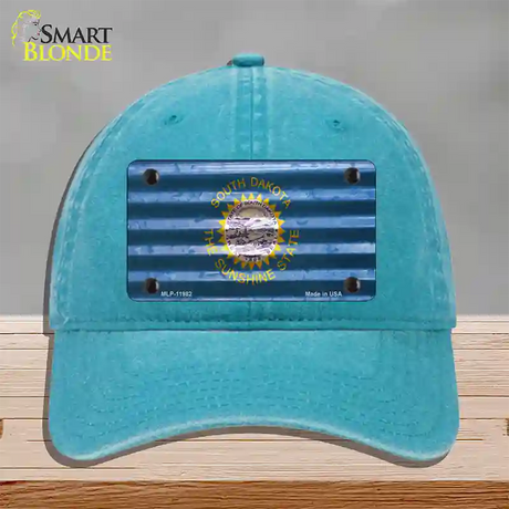 South Dakota Corrugated Flag Novelty License Plate Hat Unconstructed Cotton / Lake Blue