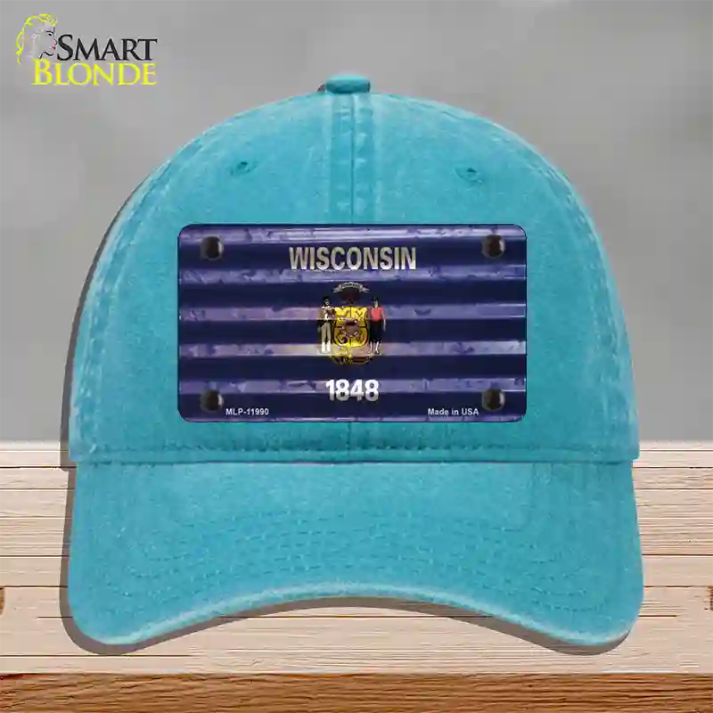 Wisconsin Corrugated Flag Novelty License Plate Hat Unconstructed Cotton / Lake Blue