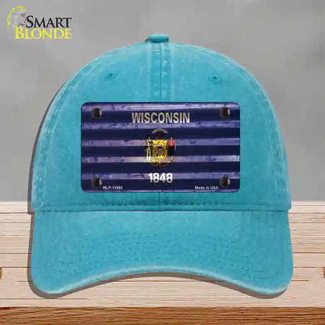 Wisconsin Corrugated Flag Novelty License Plate Hat Unconstructed Cotton / Lake Blue