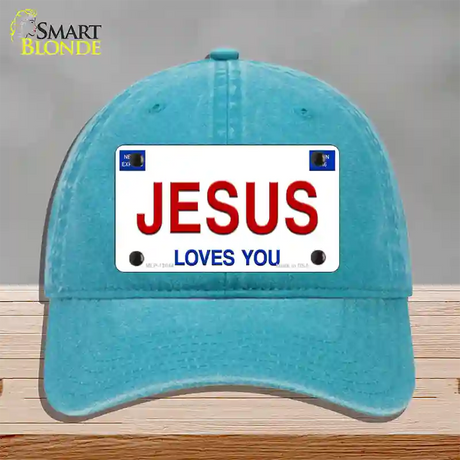 Jesus Loves You Novelty License Plate Hat Unconstructed Cotton / Lake Blue