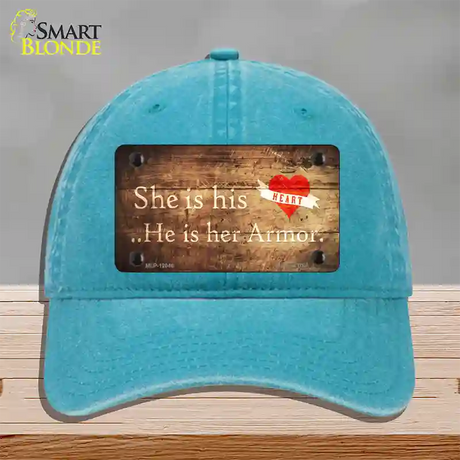 His Heart Her Armor Novelty License Plate Hat Unconstructed Cotton / Lake Blue