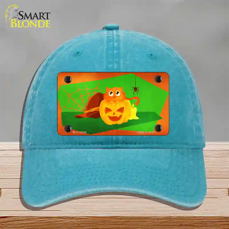 Pumpkin Kitty Novelty License Plate Hat Unconstructed Cotton / Lake Blue