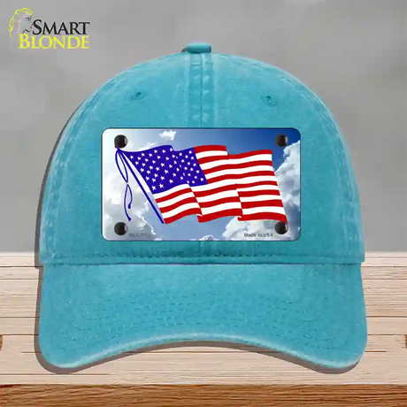 American Flag Cloud Novelty License Plate Hat Unconstructed Cotton / Lake Blue