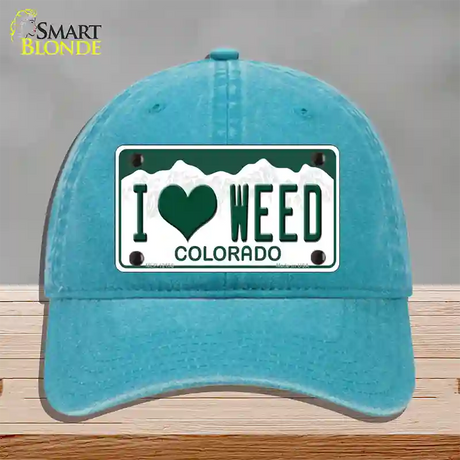 I Love Weed Colorado Novelty License Plate Hat Unconstructed Cotton / Lake Blue