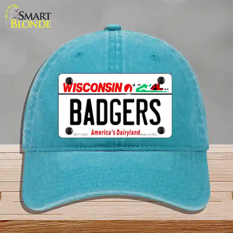 Badgers Wisconsin Novelty License Plate Hat Unconstructed Cotton / Lake Blue