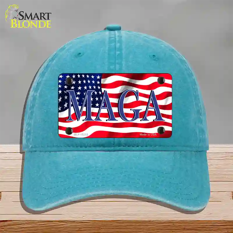 MAGA Flag Novelty License Plate Hat Unconstructed Cotton / Lake Blue