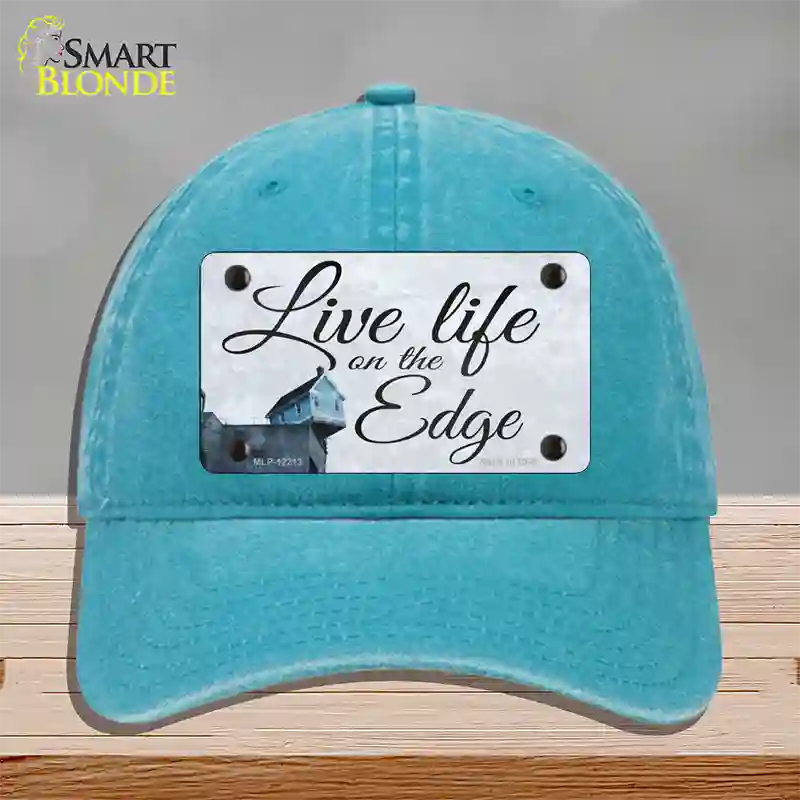 Live Life on the Edge Novelty License Plate Hat Unconstructed Cotton / Lake Blue