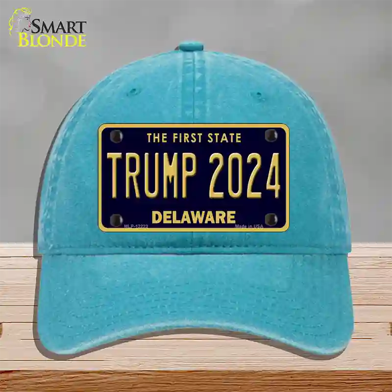 Trump 2024 Delaware Novelty License Plate Hat Unconstructed Cotton / Lake Blue