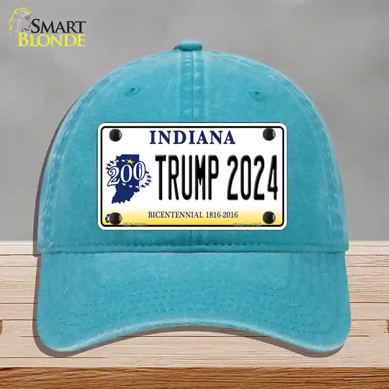 Trump 2024 Indiana Novelty License Plate Hat Unconstructed Cotton / Lake Blue