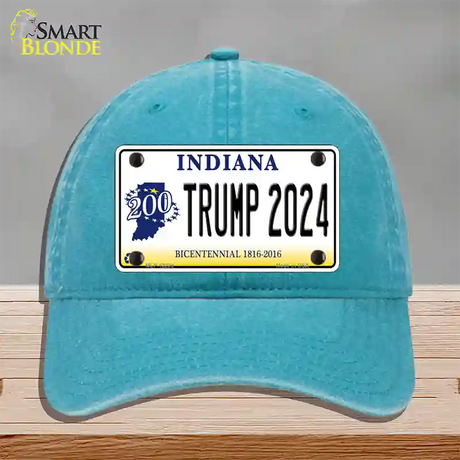 Trump 2024 Indiana Novelty License Plate Hat Unconstructed Cotton / Lake Blue