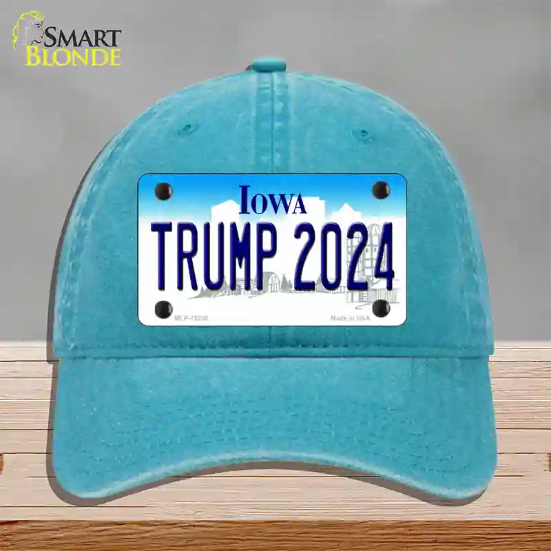 Trump 2024 Iowa Novelty License Plate Hat Unconstructed Cotton / Lake Blue