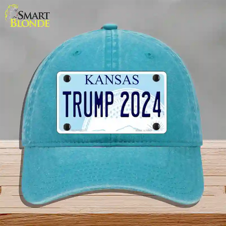 Trump 2024 Kansas Novelty License Plate Hat Unconstructed Cotton / Lake Blue