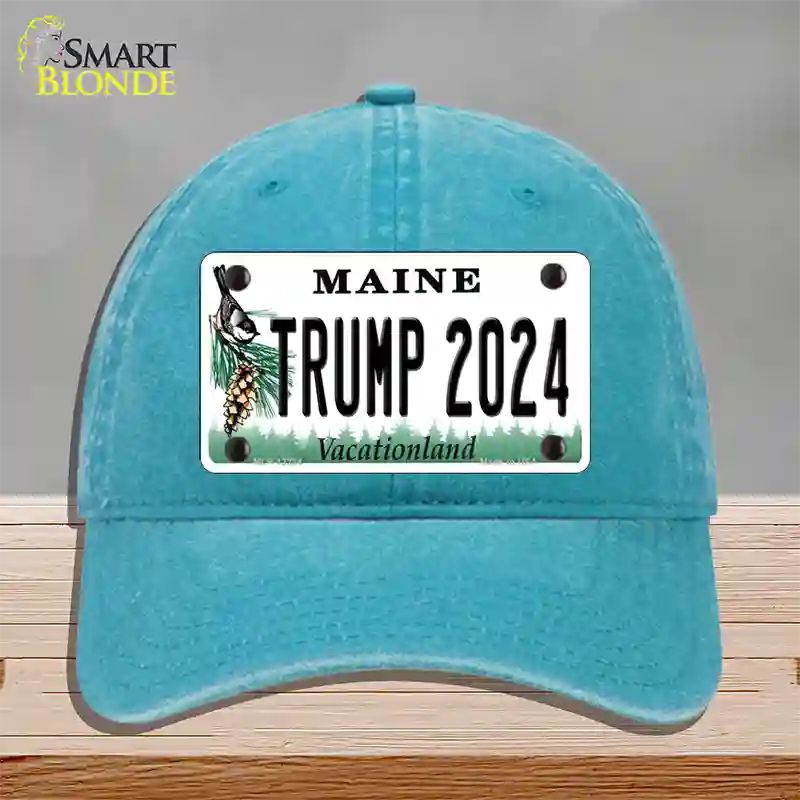 Trump 2024 Maine Novelty License Plate Hat Unconstructed Cotton / Lake Blue