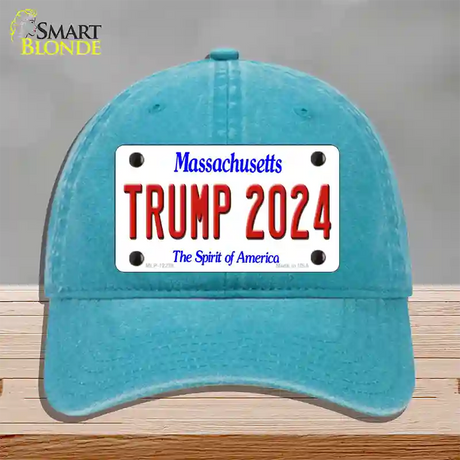 Trump 2024 Massachusetts Novelty License Plate Hat Unconstructed Cotton / Lake Blue