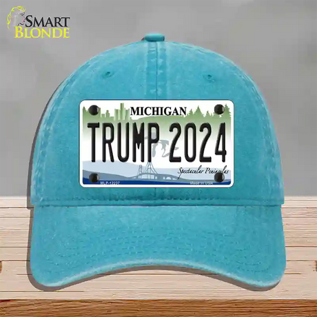 Trump 2024 Michigan Novelty License Plate Hat Unconstructed Cotton / Lake Blue