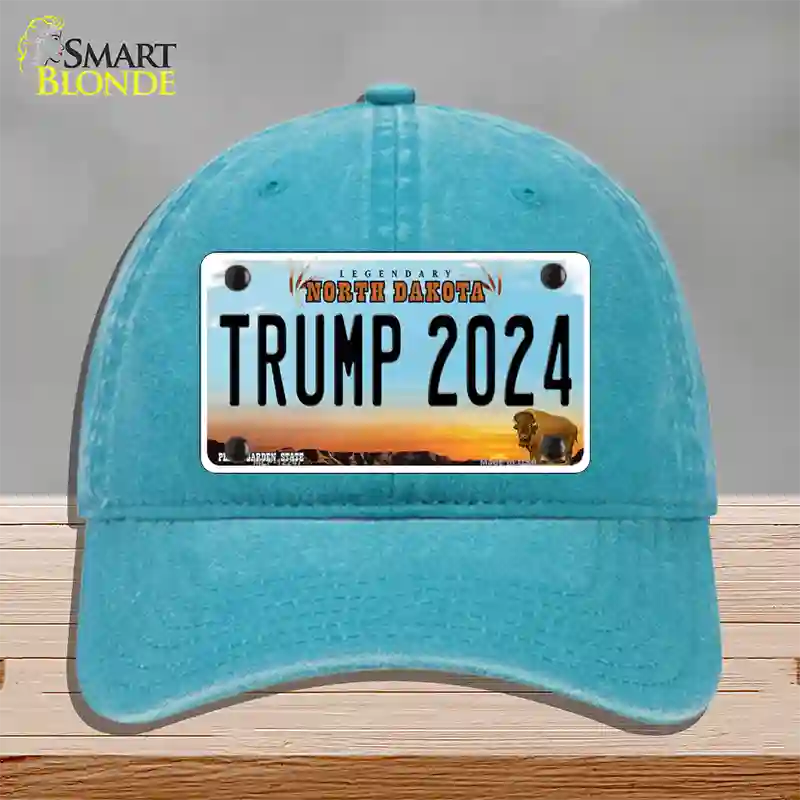 Trump 2024 North Dakota Novelty License Plate Hat Unconstructed Cotton / Lake Blue