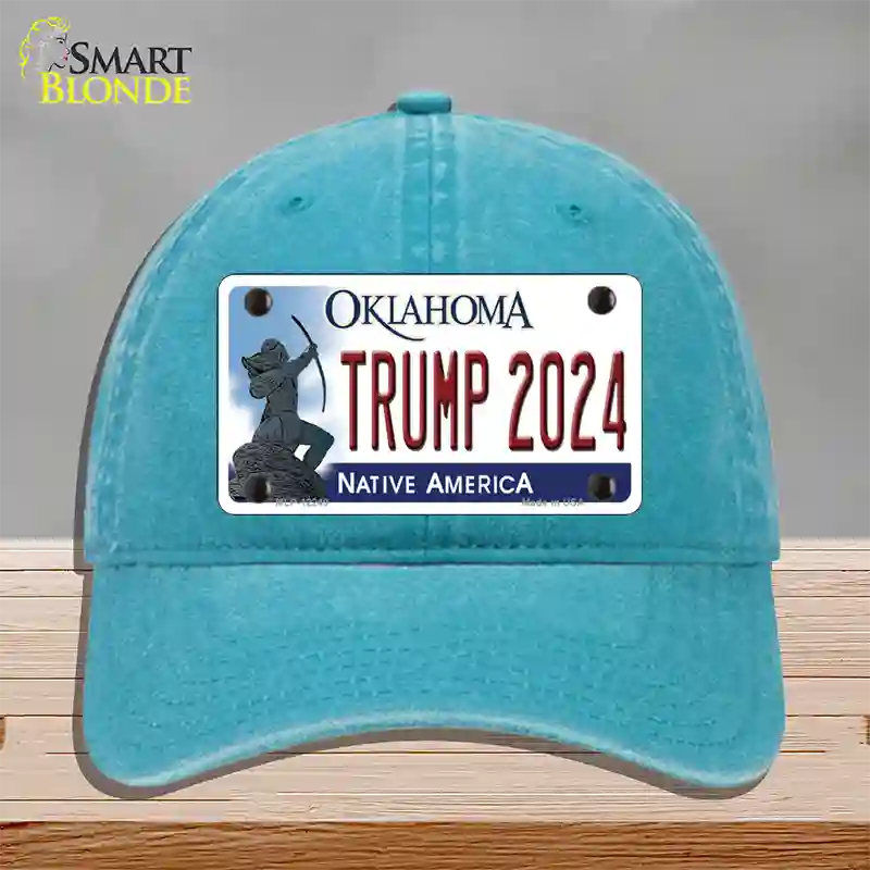 Trump 2024 Oklahoma Novelty License Plate Hat Unconstructed Cotton / Lake Blue