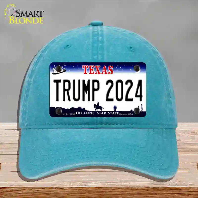 Trump 2024 Texas Novelty License Plate Hat Unconstructed Cotton / Lake Blue