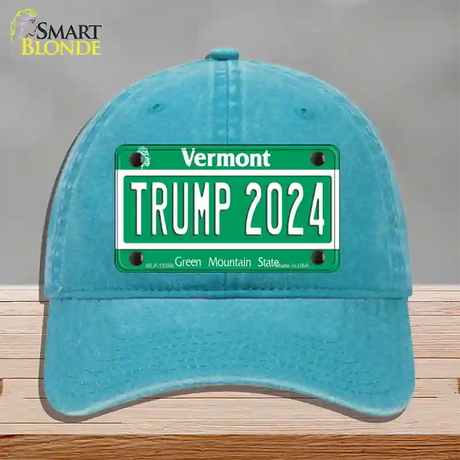 Trump 2024 Vermont Novelty License Plate Hat Unconstructed Cotton / Lake Blue