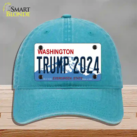 Trump 2024 Washington Novelty License Plate Hat Unconstructed Cotton / Lake Blue