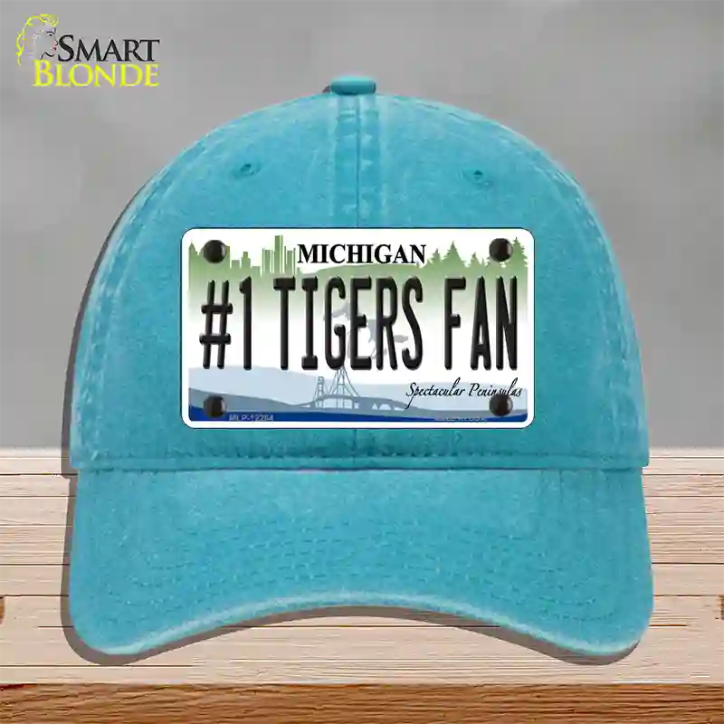 Number 1 Tigers Fan Michigan Novelty License Plate Hat Unconstructed Cotton / Lake Blue