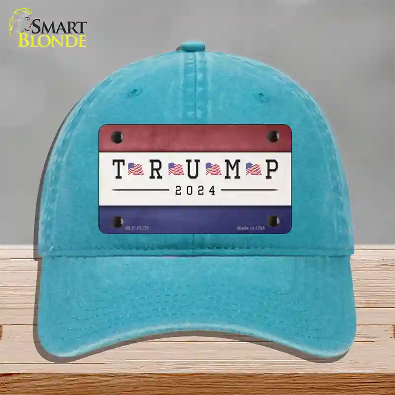 Trump 2024 USA Flag Novelty License Plate Hat Unconstructed Cotton / Lake Blue