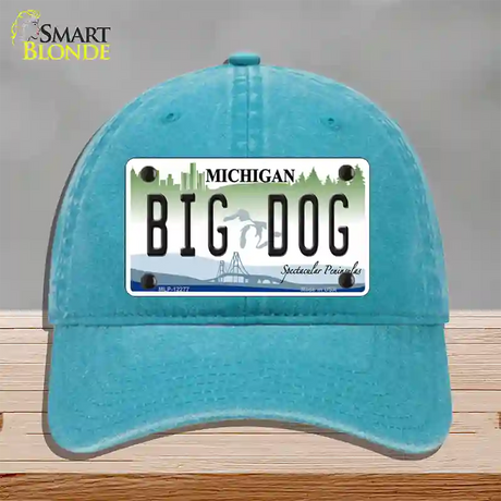 Michigan Big Dog Novelty License Plate Hat Unconstructed Cotton / Lake Blue