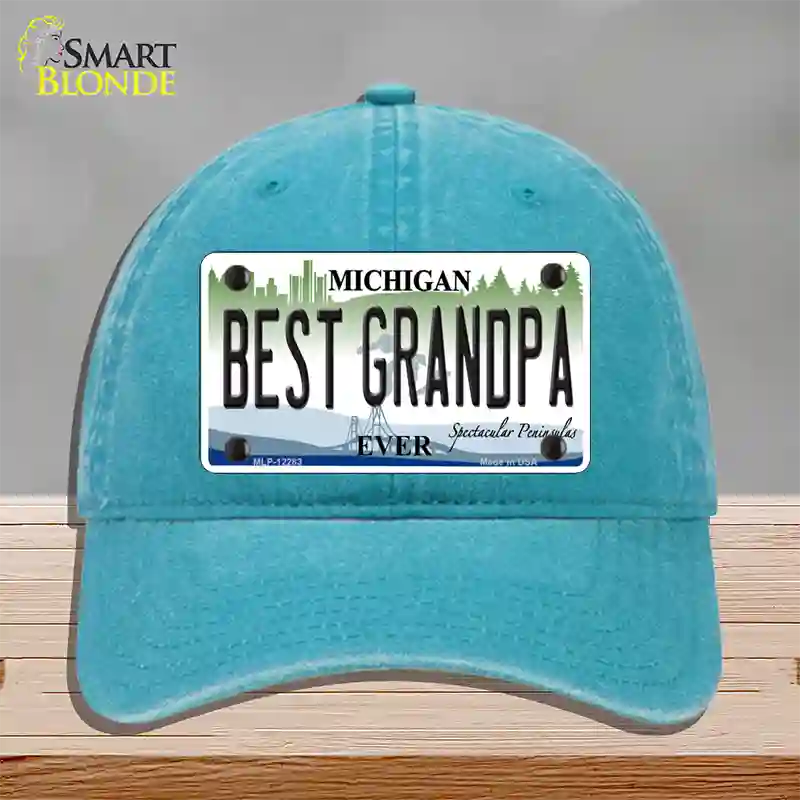 Michigan Best Grandpa Novelty License Plate Hat Unconstructed Cotton / Lake Blue