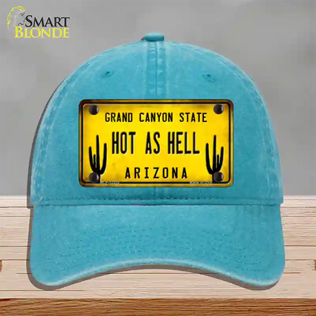 Arizona Hot as Hell Novelty License Plate Hat Unconstructed Cotton / Lake Blue