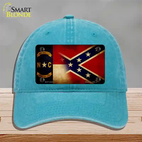 NC | Confederate Flag Novelty License Plate Hat Unconstructed Cotton / Lake Blue