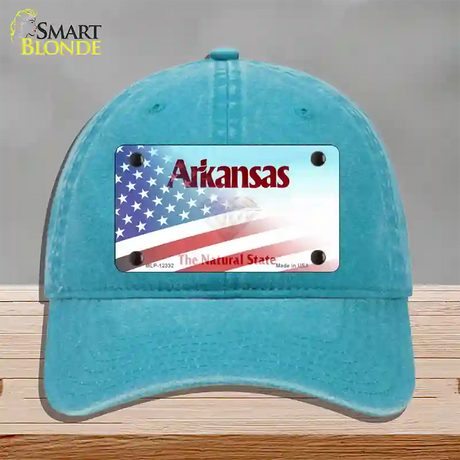 Arkansas State Novelty License Plate Hat Unconstructed Cotton / Lake Blue / Arkansas Diamond (2218):https | Half American Flag | Yes