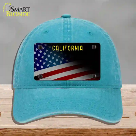 California with American Flag Novelty License Plate Hat Unconstructed Cotton / Lake Blue