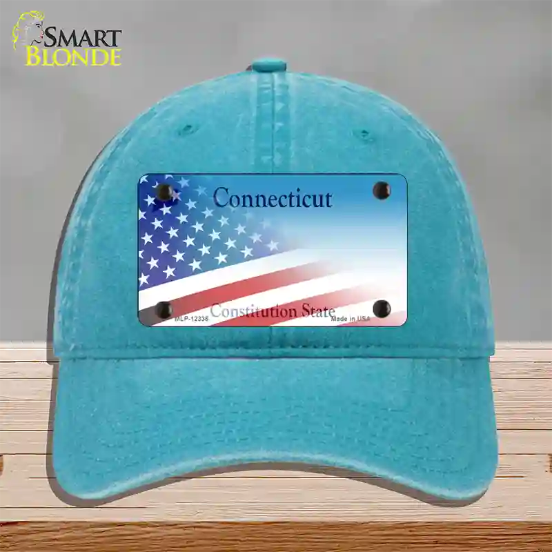 Connecticut with American Flag Novelty License Plate Hat Unconstructed Cotton / Lake Blue