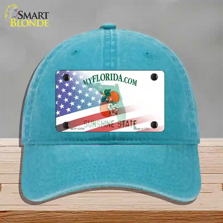 Florida with American Flag Novelty License Plate Hat Unconstructed Cotton / Lake Blue