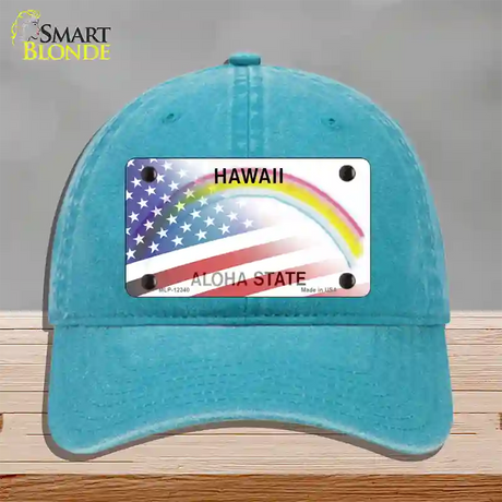 Hawaii with American Flag Novelty License Plate Hat Unconstructed Cotton / Lake Blue