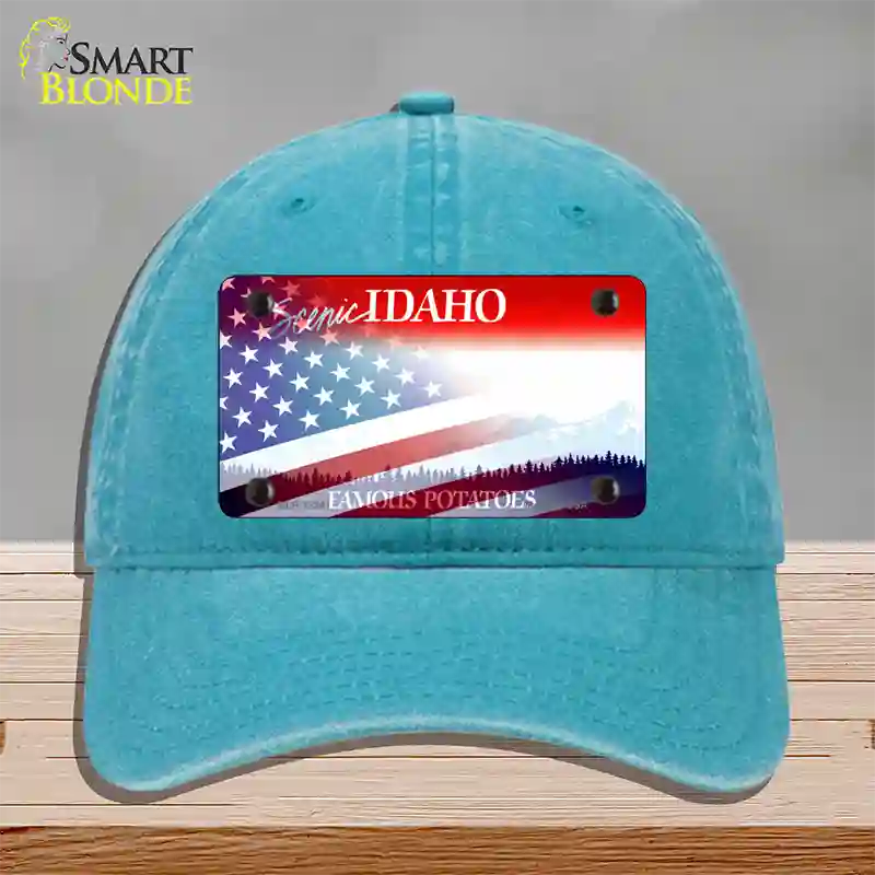 Idaho with American Flag Novelty License Plate Hat Unconstructed Cotton / Lake Blue