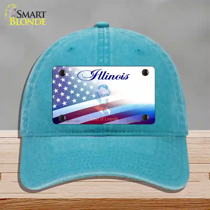 Illinois with American Flag Novelty License Plate Hat Unconstructed Cotton / Lake Blue