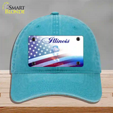 Illinois with American Flag Novelty License Plate Hat Unconstructed Cotton / Lake Blue