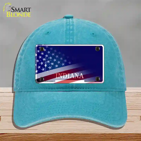 Indiana with American Flag Novelty License Plate Hat Unconstructed Cotton / Lake Blue