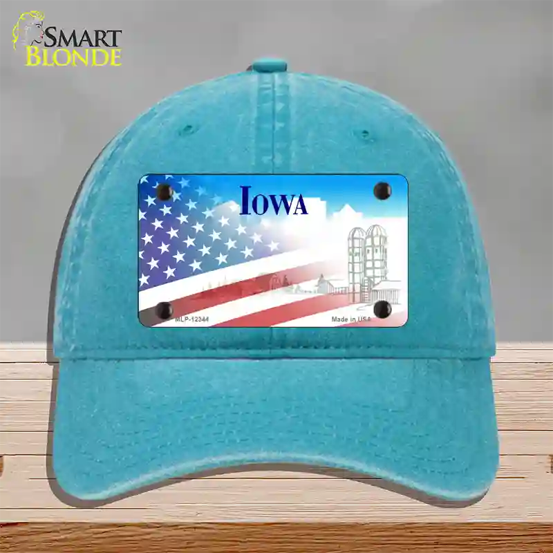 Iowa with American Flag Novelty License Plate Hat Unconstructed Cotton / Lake Blue