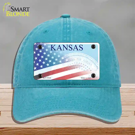 Kansas with American Flag Novelty License Plate Hat Unconstructed Cotton / Lake Blue