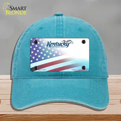 Kentucky with American Flag Novelty License Plate Hat Unconstructed Cotton / Lake Blue